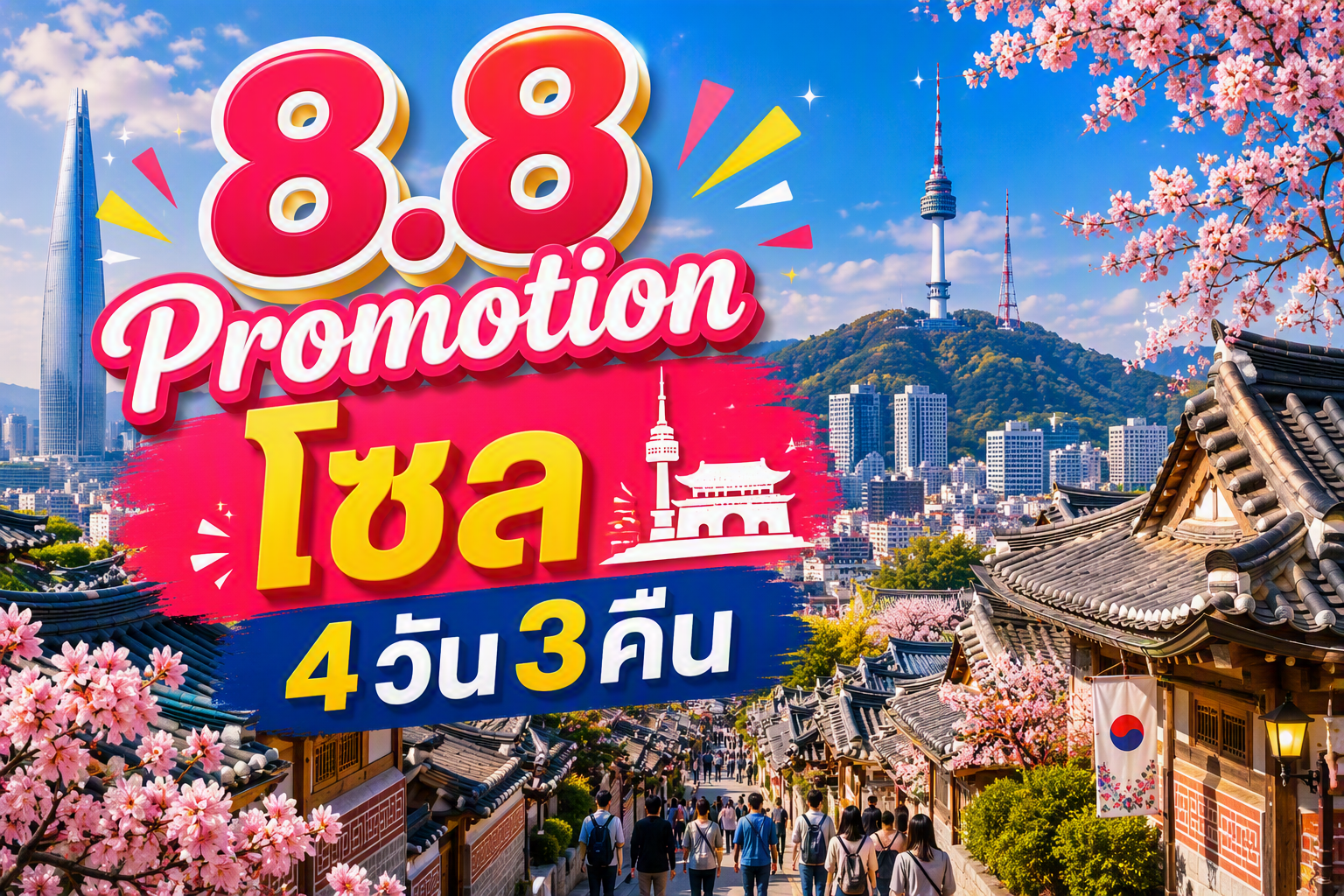 8.8 Promotion  👙🧳โซล, เกาหลีใต้ FUN & Easy Package  ตั๋วเครื่องบิน + ที่พัก 4 วัน 3 คืน @K-POP HOTEL Seoul Tower